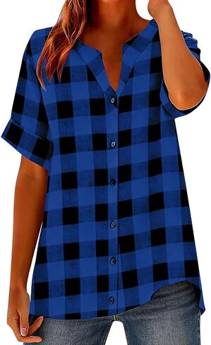 Linen Shirts for Women Plaid Henley V Neck Shirts Button up Shirts Cotton Linen Tunic Tops Casual Loose Fit Blouses in Saudi Arabia