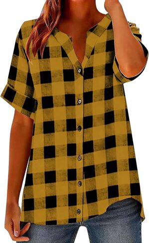 Linen Shirts for Women Plaid Henley V Neck Shirts Button up Shirts Cotton Linen Tunic Tops Casual Loose Fit Blouses in Saudi Arabia