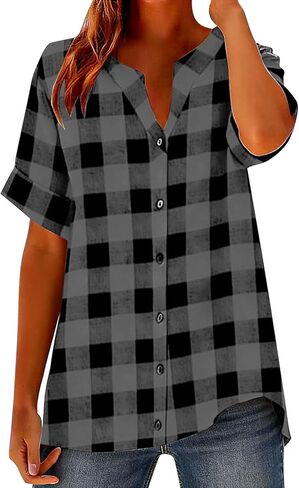 Linen Shirts for Women Plaid Henley V Neck Shirts Button up Shirts Cotton Linen Tunic Tops Casual Loose Fit Blouses in Saudi Arabia