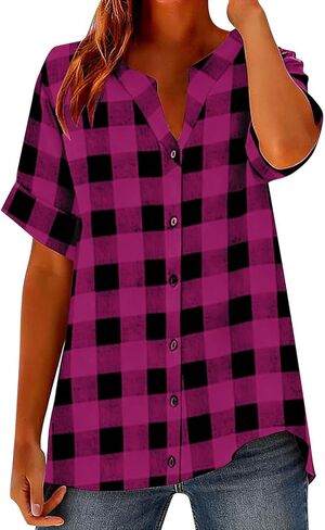 Linen Shirts for Women Plaid Henley V Neck Shirts Button up Shirts Cotton Linen Tunic Tops Casual Loose Fit Blouses in Saudi Arabia