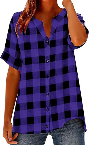Linen Shirts for Women Plaid Henley V Neck Shirts Button up Shirts Cotton Linen Tunic Tops Casual Loose Fit Blouses in Saudi Arabia