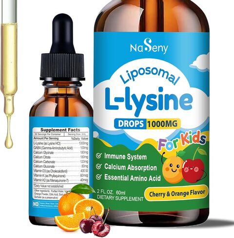 قطرات سائلة ليبوسومال إل-ليسين 1000 مجم للأطفال والكبار، مكمل ليسين مع الكالسيوم، غابا، فيتامين د3، ك، ك2، دعم المناعة والكولاجين، صحة الجلد والشفاه - 2 أونصة سائلة in Kuwait