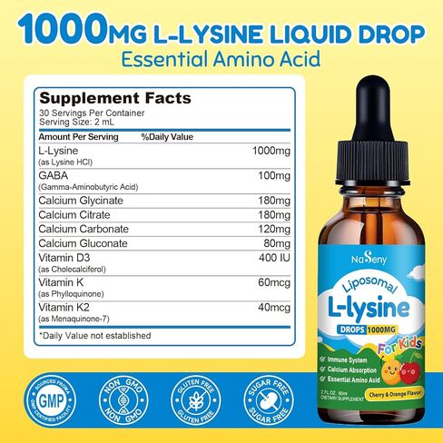قطرات سائلة ليبوسومال إل-ليسين 1000 مجم للأطفال والكبار، مكمل ليسين مع الكالسيوم، غابا، فيتامين د3، ك، ك2، دعم المناعة والكولاجين، صحة الجلد والشفاه - 2 أونصة سائلة in Kuwait