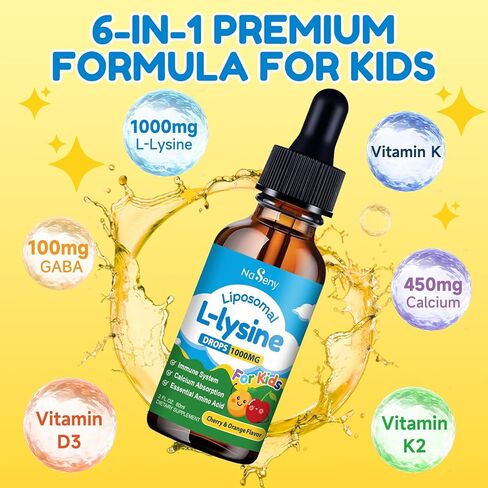 قطرات سائلة ليبوسومال إل-ليسين 1000 مجم للأطفال والكبار، مكمل ليسين مع الكالسيوم، غابا، فيتامين د3، ك، ك2، دعم المناعة والكولاجين، صحة الجلد والشفاه - 2 أونصة سائلة in Kuwait