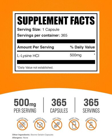 BulkSupplements.com كبسولات L-Lysine HCl - مكمل ليسين، حمض أميني أساسي - خالي من الغلوتين، كبسولة واحدة (500 مجم)، لكل وجبة 365 عددًا (عبوة من قطعة واحدة) in Saudi Arabia