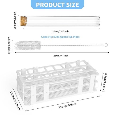 24 Pcs Glass Test Tubes with Cork, 80ml Clear Test Tubes with Tube Rack, 25 x 200mm Glass Lab Tube for Plants, Decorations, Experiments in Kuwait