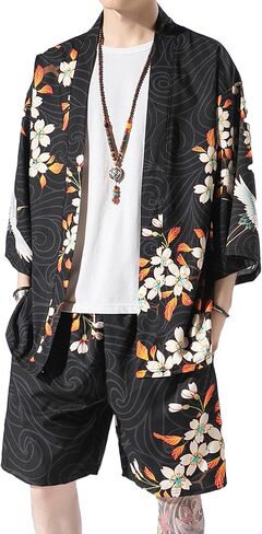 PRIJOUHE Japanese Kimono For Men Lightweight Open Front Kimono Bathrobe With Shorts 2 piece Summer Beach Outfits in Kuwait