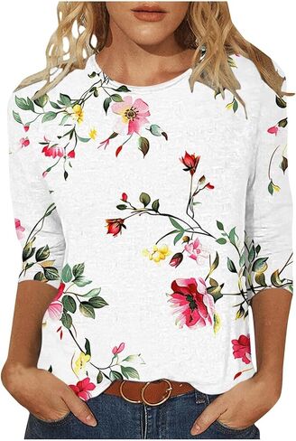 3/4 Length Sleeve Women Tops Crew Neck Blouses Dressy Casual Floral T Shirts Summer Loose Fit Business Work Clothes in Saudi Arabia