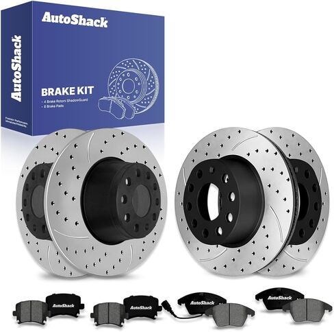 Autoshack Brake Kit استبدال لـ Audi A3 Quattro VW GTI EOS 2005-2009 Jetta 2006-2008 Passat V6 FWD الخلفي الأمامي الخلفي المحفور والزنك المغطى بالزنك المغلفة دوارات الفرامل السيراميك BRKPKG039982 in Saudi Arabia