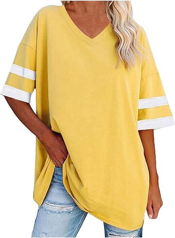 Womens Summer Oversized Shirt V/Crew Neck Business Casual Workout Tops Striped Half Sleeve Beach Vacation 2025 Clothes in Saudi Arabia