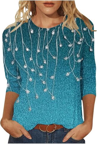 Womens Tops 3/4 Sleeve Shirts s Casual Loose Fit Summer Tops Trendy Elegant Floral Graphic Tshirts Ladies Tunic Blouse in Saudi Arabia