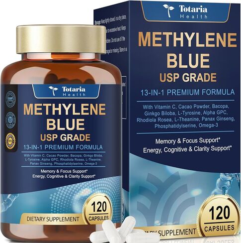 USP Methylene Blue Pharmaceutical Grade, Vitamin C Ester, Bacopa, Phosphatidylserine, Omega-3 Fatty Acids - 13 in 1 Upgrade Patented Brain Formula - Memory, Focus, Clarity, Cognitive, 120 Count in Kuwait