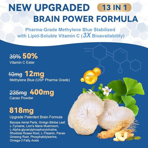 USP Methylene Blue Pharmaceutical Grade, Vitamin C Ester, Bacopa, Phosphatidylserine, Omega-3 Fatty Acids - 13 in 1 Upgrade Patented Brain Formula - Memory, Focus, Clarity, Cognitive, 120 Count in Kuwait