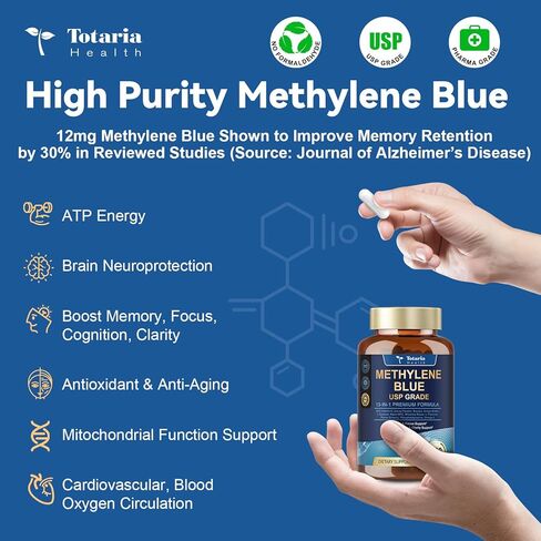 USP Methylene Blue Pharmaceutical Grade, Vitamin C Ester, Bacopa, Phosphatidylserine, Omega-3 Fatty Acids - 13 in 1 Upgrade Patented Brain Formula - Memory, Focus, Clarity, Cognitive, 120 Count in Kuwait
