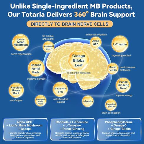 USP Methylene Blue Pharmaceutical Grade, Vitamin C Ester, Bacopa, Phosphatidylserine, Omega-3 Fatty Acids - 13 in 1 Upgrade Patented Brain Formula - Memory, Focus, Clarity, Cognitive, 120 Count in Kuwait