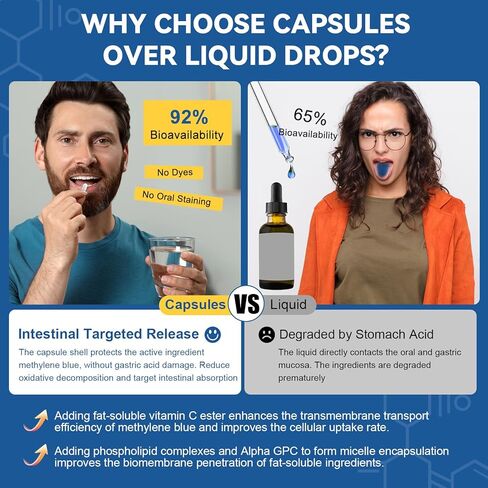 USP Methylene Blue Pharmaceutical Grade, Vitamin C Ester, Bacopa, Phosphatidylserine, Omega-3 Fatty Acids - 13 in 1 Upgrade Patented Brain Formula - Memory, Focus, Clarity, Cognitive, 120 Count in Kuwait