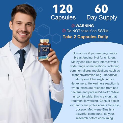 USP Methylene Blue Pharmaceutical Grade, Vitamin C Ester, Bacopa, Phosphatidylserine, Omega-3 Fatty Acids - 13 in 1 Upgrade Patented Brain Formula - Memory, Focus, Clarity, Cognitive, 120 Count in Kuwait