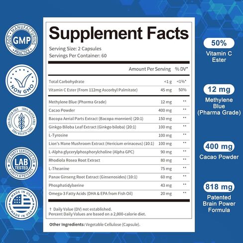 USP Methylene Blue Pharmaceutical Grade, Vitamin C Ester, Bacopa, Phosphatidylserine, Omega-3 Fatty Acids - 13 in 1 Upgrade Patented Brain Formula - Memory, Focus, Clarity, Cognitive, 120 Count in Kuwait