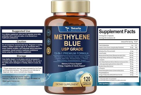 USP Methylene Blue Pharmaceutical Grade, Vitamin C Ester, Bacopa, Phosphatidylserine, Omega-3 Fatty Acids - 13 in 1 Upgrade Patented Brain Formula - Memory, Focus, Clarity, Cognitive, 120 Count in Kuwait