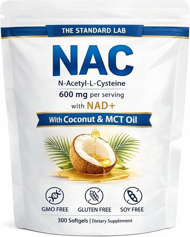 The Standard Lab NAC 600 ملغ مع مركب NAD+ اليومي، كبسولات مكملة N-Acetyl Cysteine، تركيبة داعمة لمضادات الأكسدة، نباتية، غير معدلة وراثيًا، خالية من الغلوتين، 300 كبسولة هلامية in Saudi Arabia