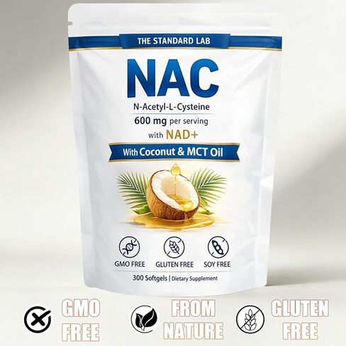 The Standard Lab NAC 600 ملغ مع مركب NAD+ اليومي، كبسولات مكملة N-Acetyl Cysteine، تركيبة داعمة لمضادات الأكسدة، نباتية، غير معدلة وراثيًا، خالية من الغلوتين، 300 كبسولة هلامية in Saudi Arabia