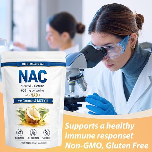 The Standard Lab NAC 600 ملغ مع مركب NAD+ اليومي، كبسولات مكملة N-Acetyl Cysteine، تركيبة داعمة لمضادات الأكسدة، نباتية، غير معدلة وراثيًا، خالية من الغلوتين، 300 كبسولة هلامية in Saudi Arabia