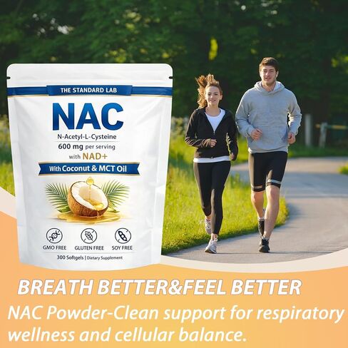 The Standard Lab NAC 600 ملغ مع مركب NAD+ اليومي، كبسولات مكملة N-Acetyl Cysteine، تركيبة داعمة لمضادات الأكسدة، نباتية، غير معدلة وراثيًا، خالية من الغلوتين، 300 كبسولة هلامية in Saudi Arabia