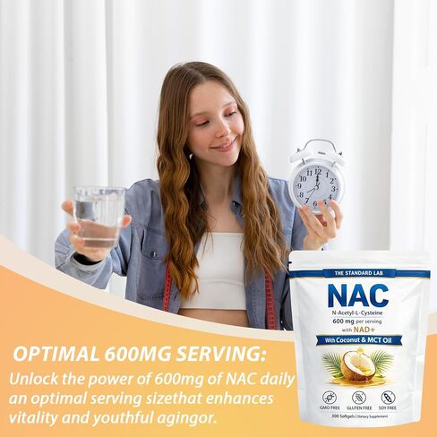 The Standard Lab NAC 600 ملغ مع مركب NAD+ اليومي، كبسولات مكملة N-Acetyl Cysteine، تركيبة داعمة لمضادات الأكسدة، نباتية، غير معدلة وراثيًا، خالية من الغلوتين، 300 كبسولة هلامية in Saudi Arabia