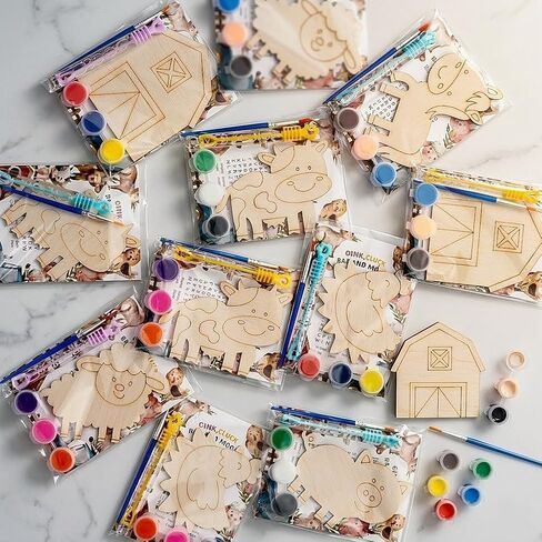 Geecozylife شكرًا لك على الهدايا القادمة - Farm Party Favors - 12 PCS حيوانات مزرعة مع لوازم فنية - مجموعة الطلاء الخشبية ذات الفقاعة مع عصا فقاعة in Kuwait