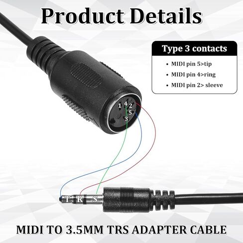 3 Pack of Type-A MIDI to 3.5mm Adapter, 14" MIDI Female to TRS 3.5mm Male Breakout Cable Audio Converter BMIDI-5-35 Type A TRS Male 5-pin DIN Cable Ultra-Small Plugs for Keyboards Synths DAWs in Saudi Arabia