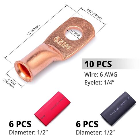 Wirefy 6 قياس 1/4 "عروات سلكية - عروات كابل نحاسية - موصلات أسلاك البطارية - أطراف حلقية - أطراف كابلات بطارية مجعدة - 10 قطع in Kuwait