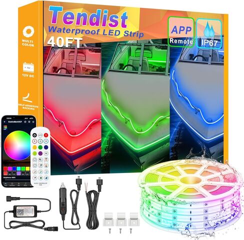 أضواء القارب LED مقاومة للماء، شريط أضواء LED للقارب العائم بطول 40 قدمًا، شريط إضاءة LED بحري، متعدد الألوان 12 فولت RGB LED شرائط خارجية IP67، إضاءة صيد ليلية مع تطبيق وجهاز تحكم عن بعد لباس جون، RV، كاياك in Kuwait