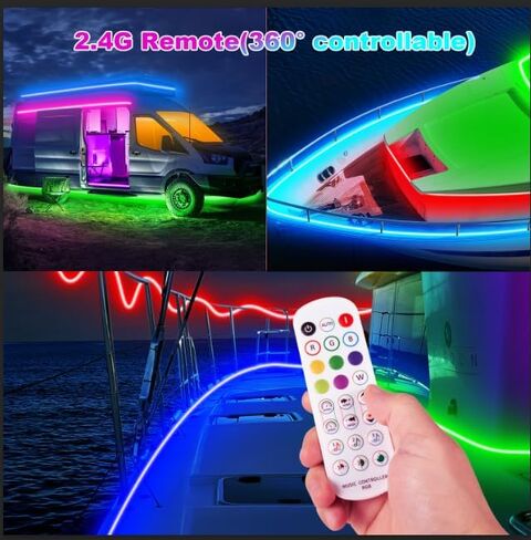أضواء القارب LED مقاومة للماء، شريط أضواء LED للقارب العائم بطول 40 قدمًا، شريط إضاءة LED بحري، متعدد الألوان 12 فولت RGB LED شرائط خارجية IP67، إضاءة صيد ليلية مع تطبيق وجهاز تحكم عن بعد لباس جون، RV، كاياك in Kuwait