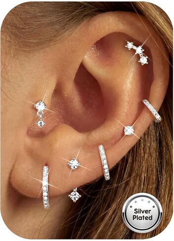 أقراط فضية مطلية بالذهب من الذهب 14K للنساء - أقراط غضروف من الفولاذ المقاوم للصدأ الجراحية مجموعة مداخن صغيرة مسطحة مع CZ Charm Conch Tragus Jewelry in Kuwait