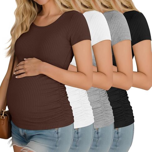 Riyiper 4 Pack Women's Maternity T-Shirts, Cotton Side Ruched Ribbed Maternity Top Scoop Neck Short Sleeve Pregnant Clothes in Saudi Arabia