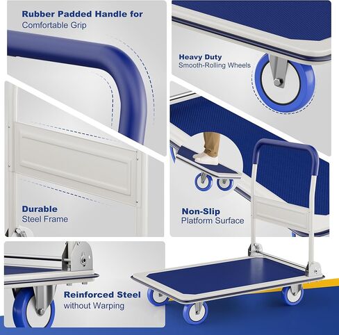 عربة دفع قابلة للطي دوللي | 660 رطلا. القدرة | شاحنة يدوية بمنصة متحركة شديدة التحمل بعجلات دوارة | عربة مسطحة صغيرة | مقبض دفع موفر للمساحة - أصفر in Kuwait