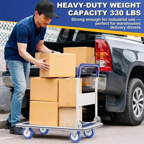 عربة دفع قابلة للطي دوللي | 660 رطلا. القدرة | شاحنة يدوية بمنصة متحركة شديدة التحمل بعجلات دوارة | عربة مسطحة صغيرة | مقبض دفع موفر للمساحة - أصفر in Kuwait