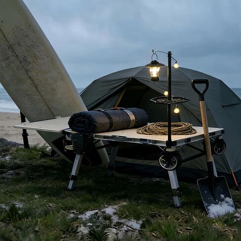 حامل مصباح LEADALLWAY لعربة طاولة التخييم 3 في 1 | حامل إضاءة قابل للفصل لسلسلة الأضواء والفوانيس | بيج، سهل التركيب in Kuwait