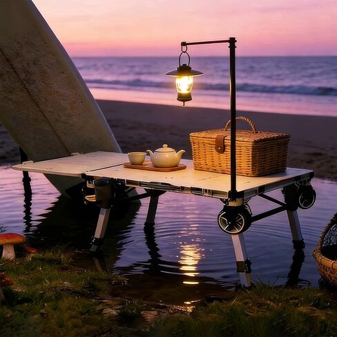 حامل مصباح LEADALLWAY لعربة طاولة التخييم 3 في 1 | حامل إضاءة قابل للفصل لسلسلة الأضواء والفوانيس | بيج، سهل التركيب in Kuwait