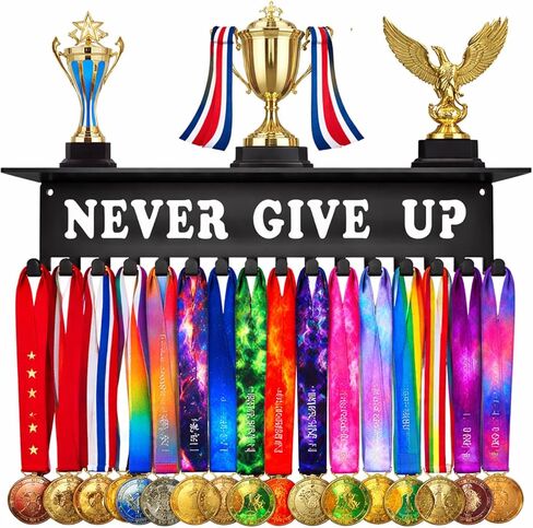 Medals Hanger Holder Display Steel Rack Hooks Wall Mount Frame Over 60 Medals-Sports Medal Hook Storage Organizer Never Give Up Ribbon with Easy Hanging Bars Black (Never Give UP Shelf) in Kuwait