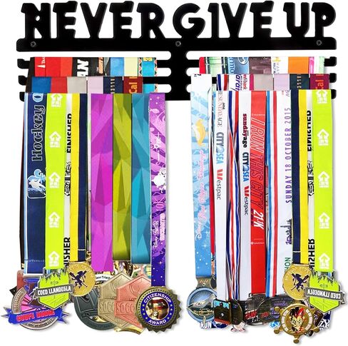 Medals Hanger Holder Display Steel Rack Hooks Wall Mount Frame Over 60 Medals-Sports Medal Hook Storage Organizer Never Give Up Ribbon with Easy Hanging Bars Black (Never Give UP Shelf) in Kuwait
