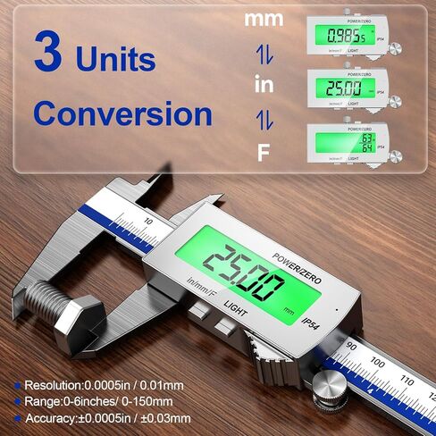 Preciva Backlight Digital Caliper, 6 Inch Rechargeable Electronic Micrometer with IP54 Waterproof and Large LCD Screen Conversions for in/MM/F Precision Measuring Tool for DIY/Professional Use in Kuwait