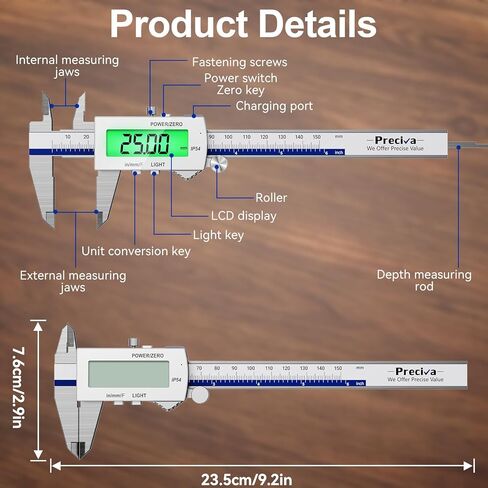 Preciva Backlight Digital Caliper, 6 Inch Rechargeable Electronic Micrometer with IP54 Waterproof and Large LCD Screen Conversions for in/MM/F Precision Measuring Tool for DIY/Professional Use in Kuwait