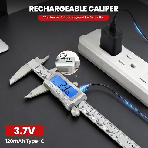 Digital Caliper 6 Inch, Rechargeable Calipers Tool with Backlight LCD Screen, Stainless Steel Caliper Measuring Tool, Auto-Off Micrometer, Inch/MM/Fraction Conversion for 3D-Printing/DIY/Household in Saudi Arabia