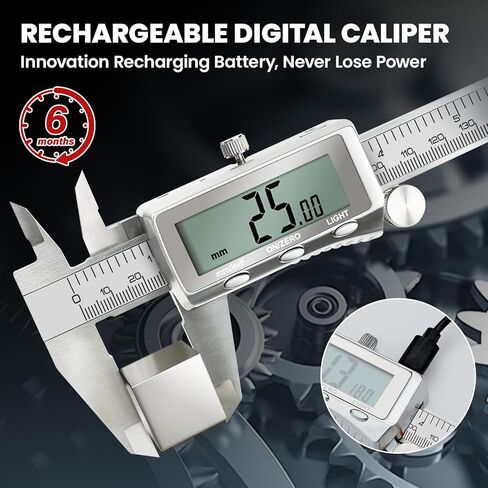 Digital Caliper 6 Inch, Rechargeable Calipers Tool with Backlight LCD Screen, Stainless Steel Caliper Measuring Tool, Auto-Off Micrometer, Inch/MM/Fraction Conversion for 3D-Printing/DIY/Household in Saudi Arabia