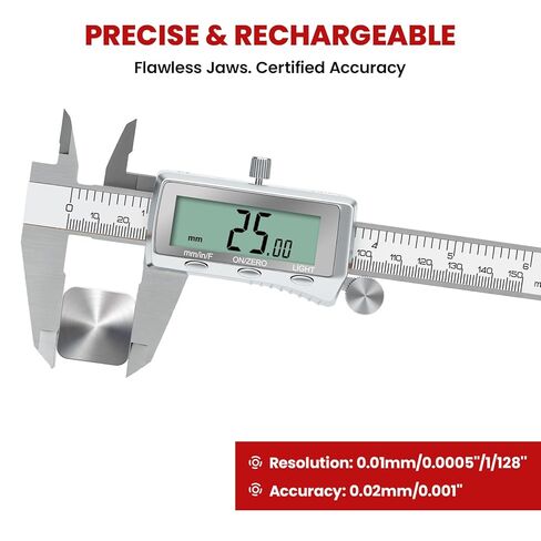 Digital Caliper 6 Inch, Rechargeable Calipers Tool with Backlight LCD Screen, Stainless Steel Caliper Measuring Tool, Auto-Off Micrometer, Inch/MM/Fraction Conversion for 3D-Printing/DIY/Household in Saudi Arabia