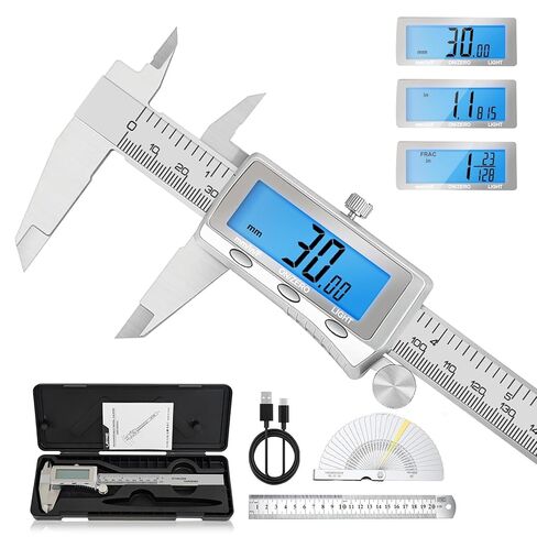 Digital Caliper 6 Inch, Rechargeable Calipers Tool with Backlight LCD Screen, Stainless Steel Caliper Measuring Tool, Auto-Off Micrometer, Inch/MM/Fraction Conversion for 3D-Printing/DIY/Household in Saudi Arabia
