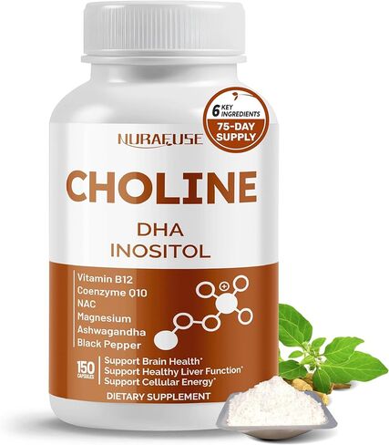 Choline with DHA, Inositol, Vitamin B12, Coenzyme Q10, NAC, Magnesium, Ashwagandha – Supports Brain Health, Promotes Liver Health – Made in The USA in Kuwait