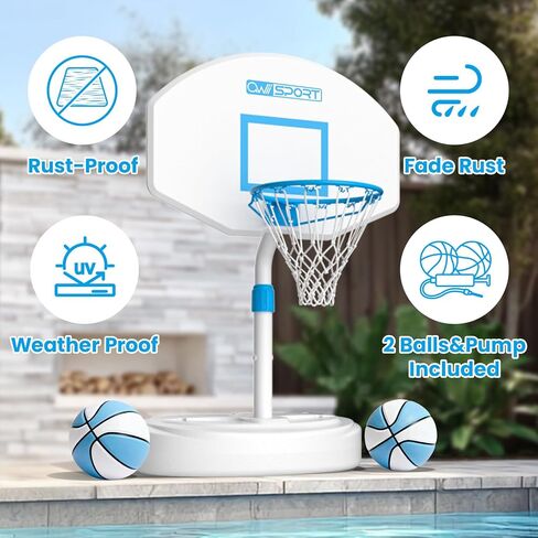 Pool Basketball Hoop Poolside,36 in White Finish Adjustable Basketball Hoop for Pool,Rust Proof Stainless Steel 15in Rim,2 Pool Basketballs Included in Kuwait