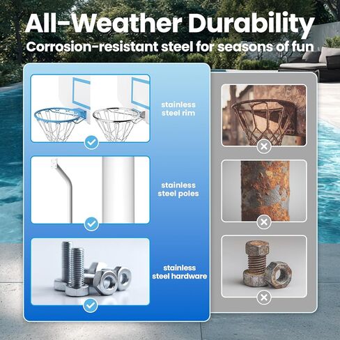 Pool Basketball Hoop Poolside,36 in White Finish Adjustable Basketball Hoop for Pool,Rust Proof Stainless Steel 15in Rim,2 Pool Basketballs Included in Kuwait